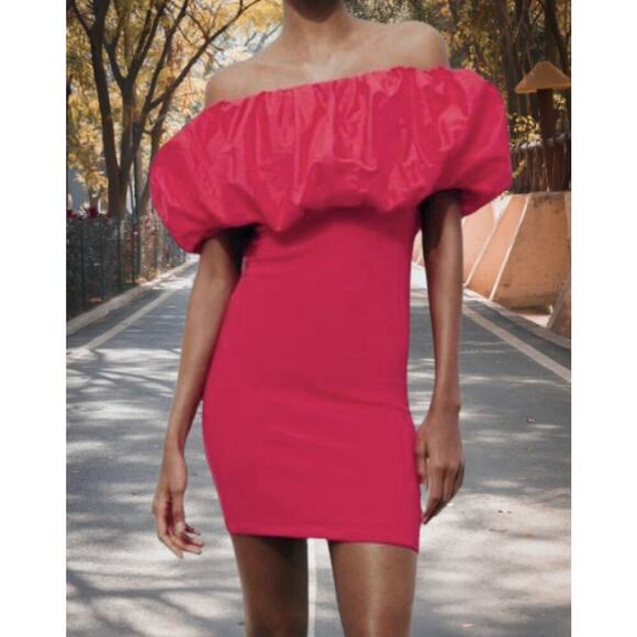 Zara Dresses & Skirts - ZARA Hot Pink Off The Shoulder Mini Dress S NWT Party Cocktail Weddiing Guest